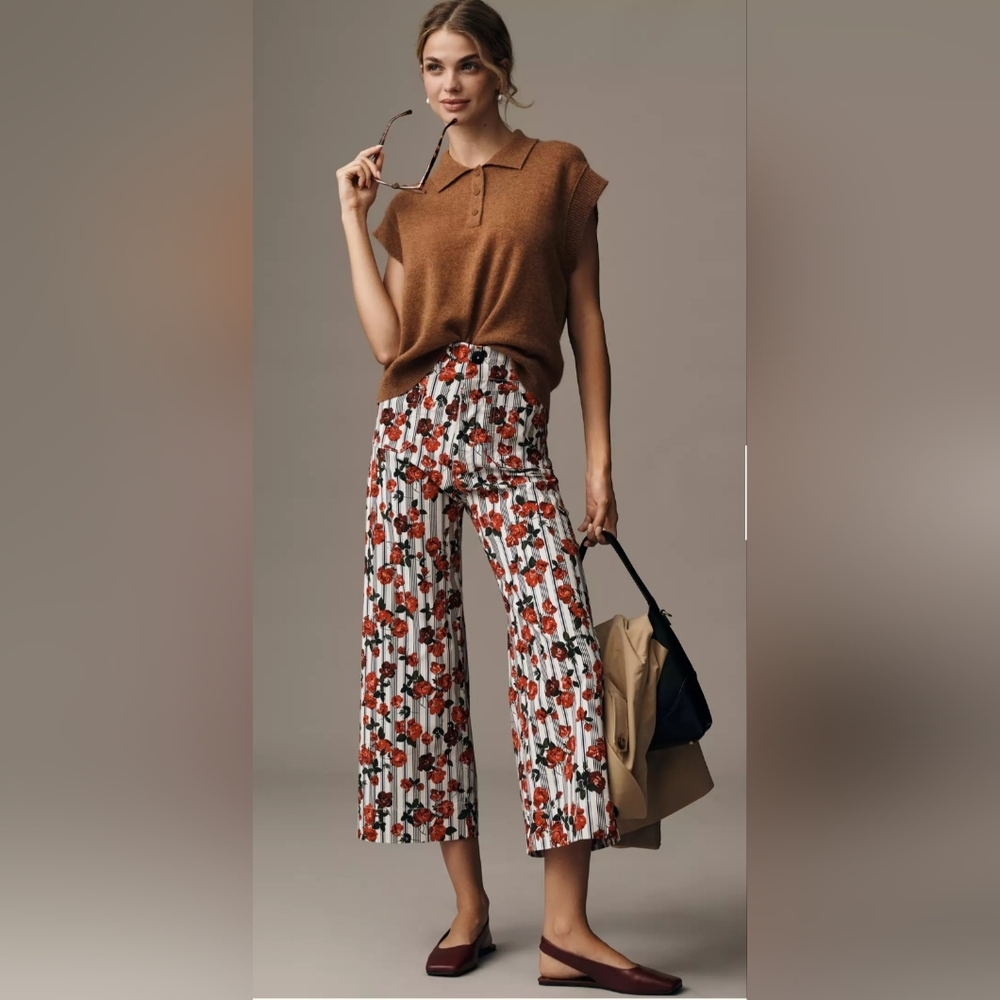 Anthropologie Wide-Leg Floral Stripe Pants in White and Red
